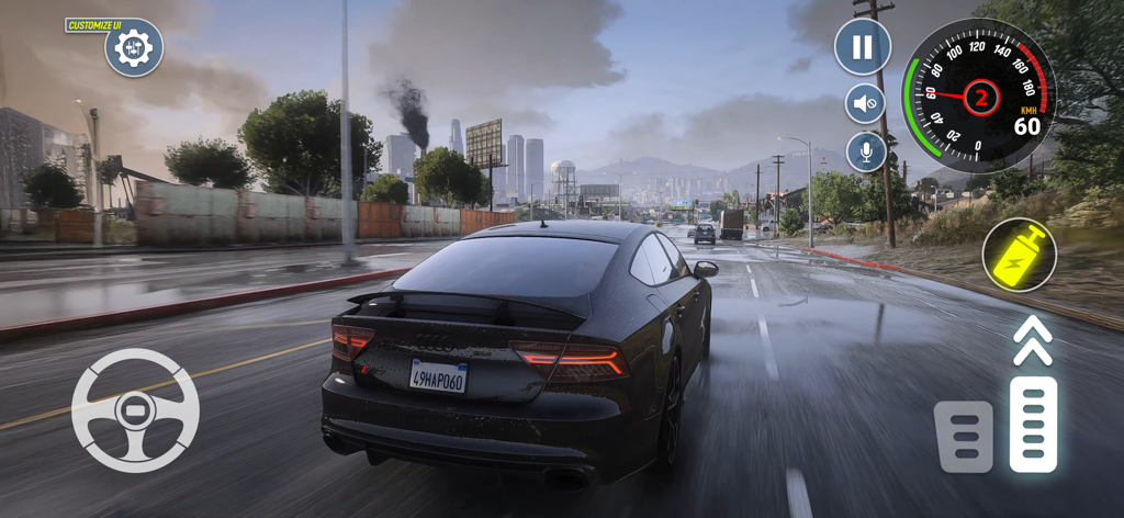 Car Racing Real Driving Games - A black sports car racing through a wet urban city street with a realistic game interface including steering wheel and speedometer.