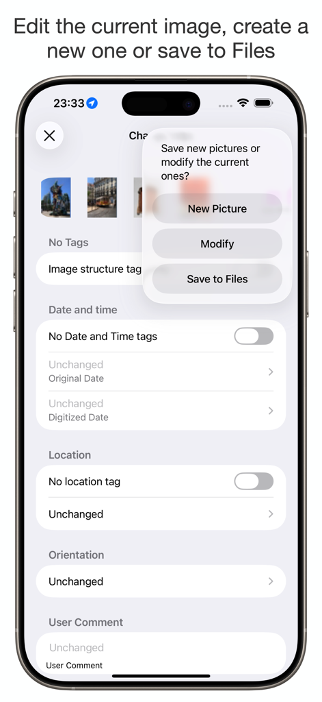 PhotInfo - PhotInfo 앱 인터페이스로, 날짜 및 위치와 같은 편집된 메타데이터 태그로 이미지를 수정하거나 저장하는 옵션을 보여줍니다.