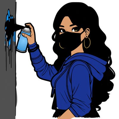 realistic girl with mask spray painting a wall