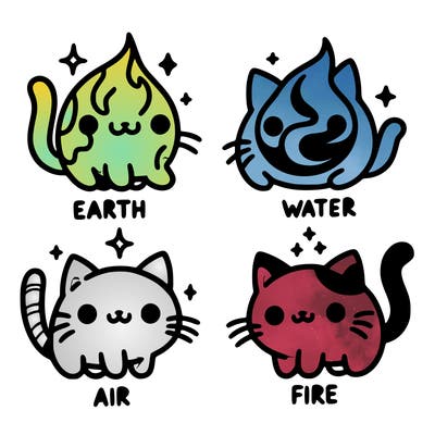 4 cats that represent the different elements, earth, water, air, and fire