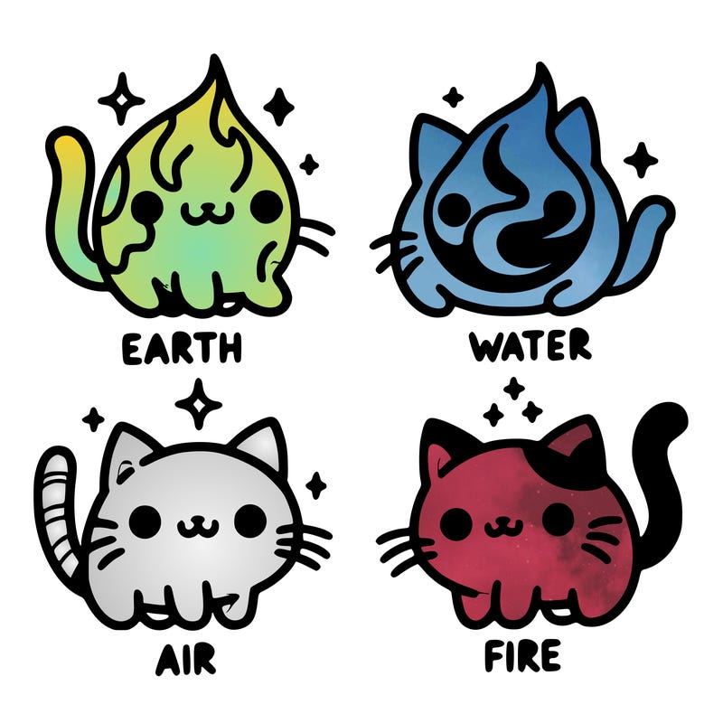 4 cats that represent the different elements, earth, water, air, and fire