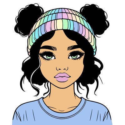 realistic girl with buns in her hair with a beanie on