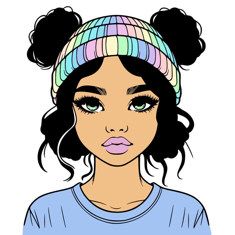 realistic girl with buns in her hair with a beanie on