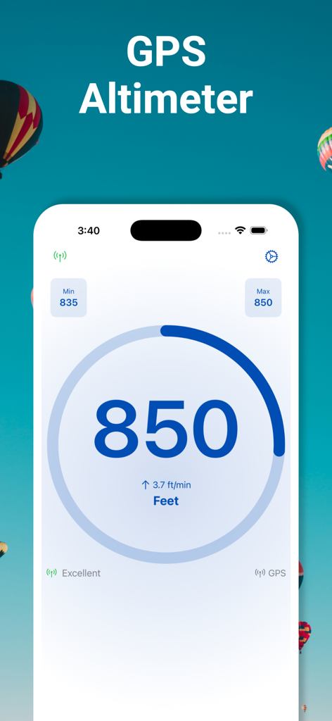 Interface of the GPS Altimeter app displaying current elevation in feet with large digits and vertical speed indicator