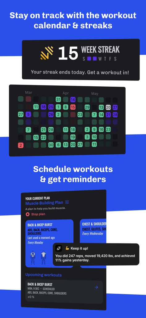Gym Log Workout Tracker LEGEND - Gráfico de marketing para el rastreador de entrenamiento Legend que muestra un calendario de rachas de 15 semanas y planes de desarrollo muscular programados con notificaciones