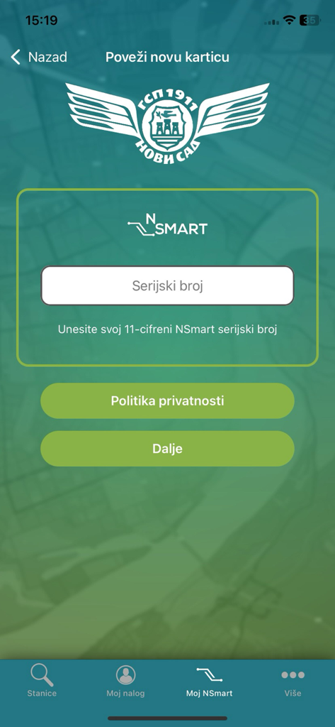 Nsmart JGSP - Novi Sad - Nsmart JGSP Novi Sad app screen to link a new public transport card