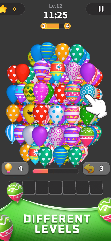 Balloon Master 3D:Puzzle Games - A colorful mobile game screen showing 3D patterned balloons in a cluster with a hand icon pointing to a blue balloon