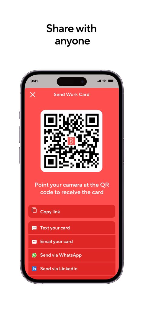Blinq: Digital Business Card - Interfaccia dell'app Blinq che mostra un codice QR e diverse opzioni di condivisione per un biglietto da visita digitale.