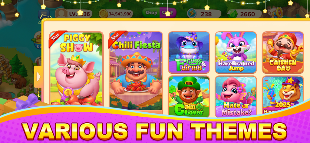 Bingo Wild-Classic Bingo Games - A collection of various colorful game themes in Bingo Wild including Piggy Show and Chili Fiesta
