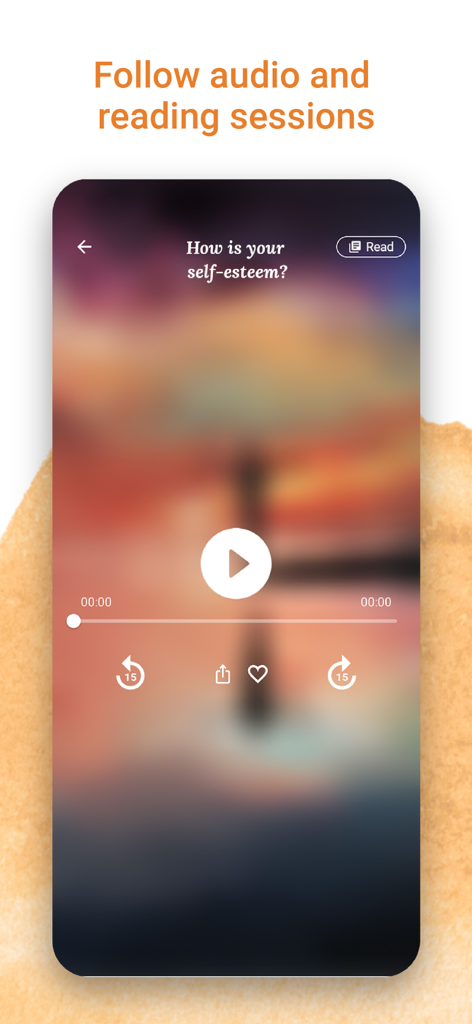 Interfaccia dell'app Cingulo che mostra un lettore audio per una sessione sull'autostima con un interruttore per leggere il contenuto