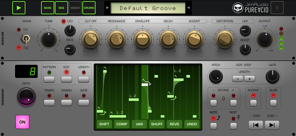 Pure Acid bassline synthesizer and sequencer interface