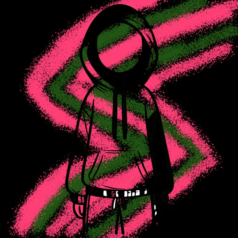 faceless girl in a tracksuit with a hood on and no hair