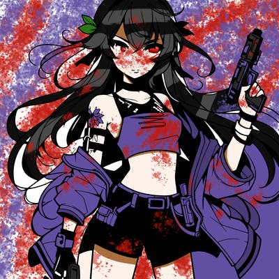 bad girl wearing crop top holding a gun long hair anime