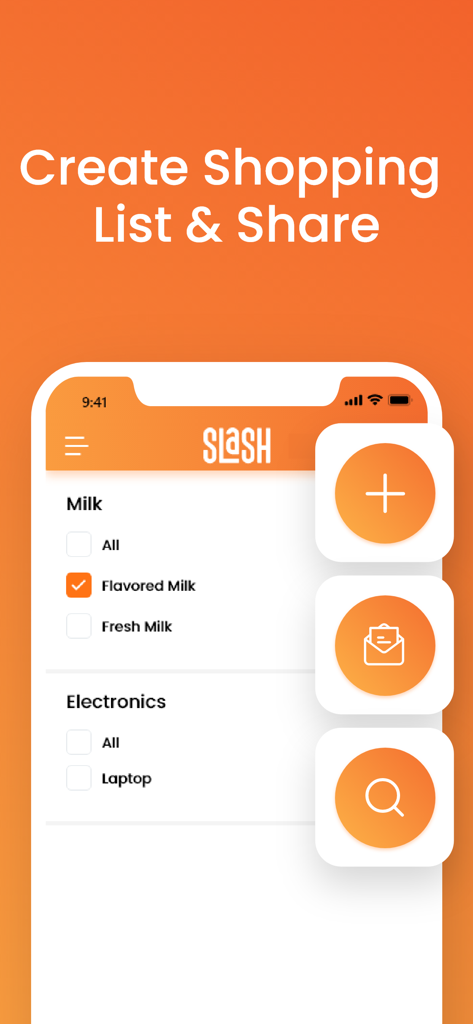 Slash Deals - Interface of Slash Deals app featuring a shopping list with milk and electronics categories and a share button