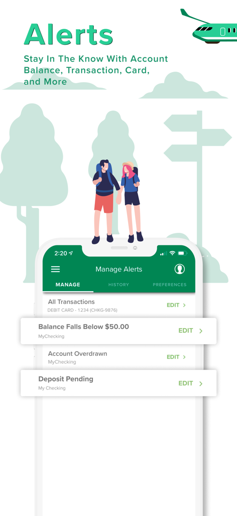 Central Bank - Mobile - Interface of the Central Bank Mobile app showing customizable account alerts for transactions and balances