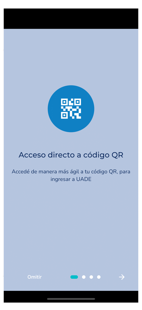 UADE Webcampus - UADE Webcampus mobile app onboarding screen displaying the QR code entry feature