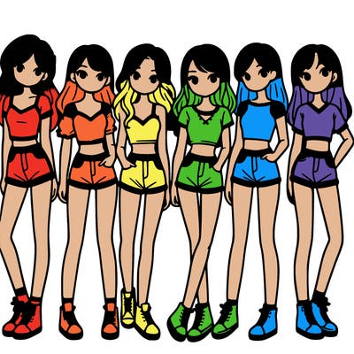a group of girls wearing crop tops and shorts