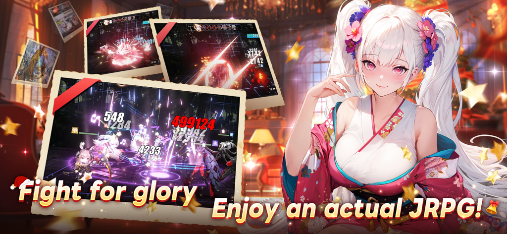 Apex Girls - Capture d'écran promotionnelle d'Apex Girls présentant un personnage d'anime aux cheveux blancs dans un kimono floral et des scènes de combat.