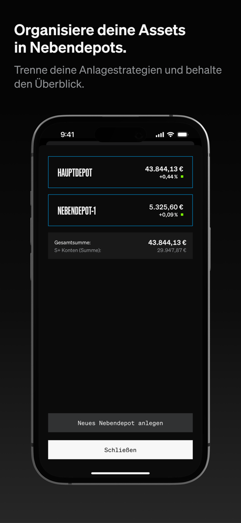 SMARTBROKER+ Aktien & ETF - Pantalla de la aplicación móvil SMARTBROKER+ que muestra carteras principales y secundarias para gestionar múltiples estrategias de inversión