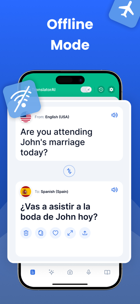 AI Translator, Voice Translate - Interface do aplicativo AI Translator mostrando o modo offline traduzindo inglês para espanhol