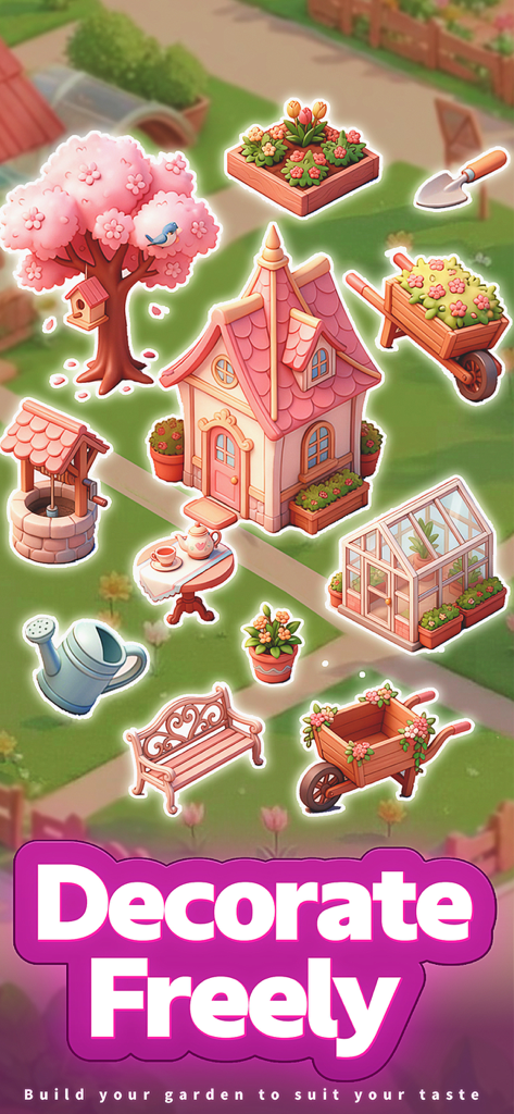 The Cozy Florist - Una colección de lindos elementos de decoración de jardín que incluyen una cabaña rosa, árboles en flor y un invernadero en el juego móvil The Cozy Florist