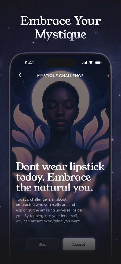 Fate – Subliminals - Pantalla de la aplicación Fate Subliminals mostrando un desafío diario para abrazar la belleza natural con la indicación de omitir o aceptar.