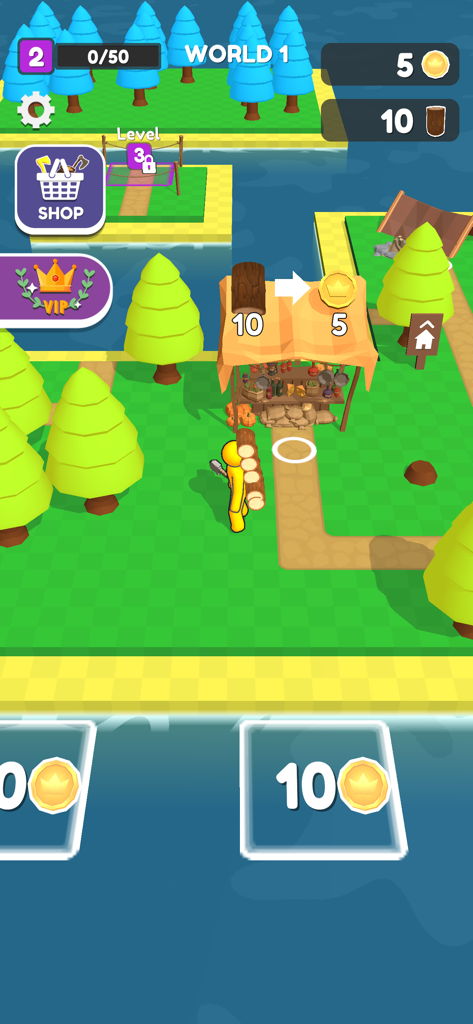 Craft Island - Un personnage jaune transportant des bûches pour les échanger contre des pièces dans une boutique de l'île dans Craft Island.