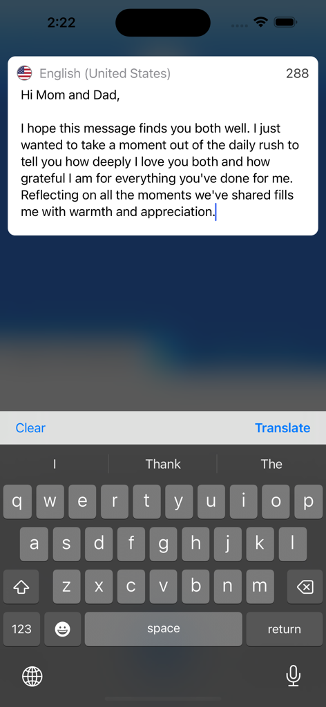 Mobile interface of the Instant Voice Translate app showing a long English text message to parents ready for translation.