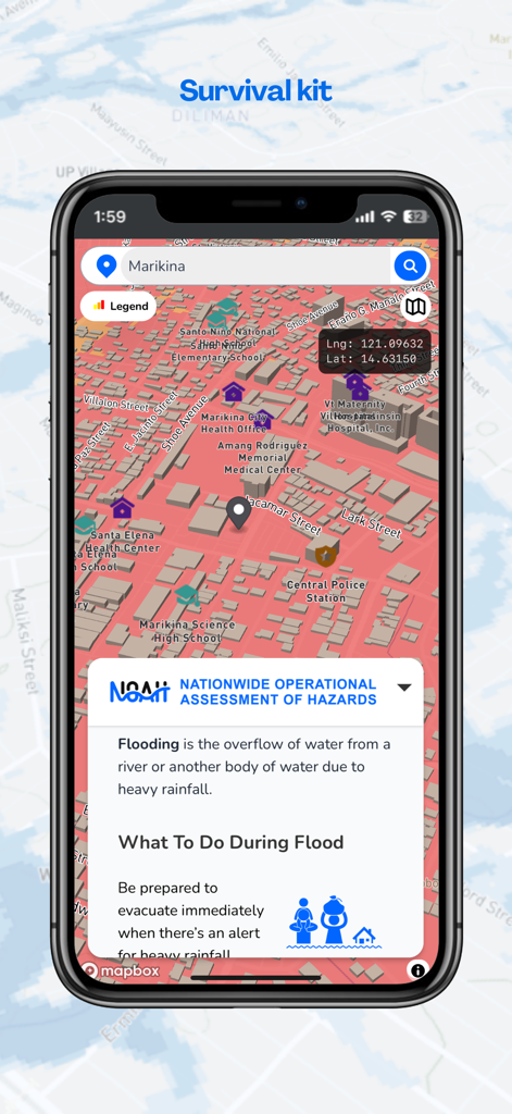 UP NOAH - O aplicativo UP NOAH exibindo um mapa de risco de inundações de Marikina e informações sobre kits de sobrevivência.