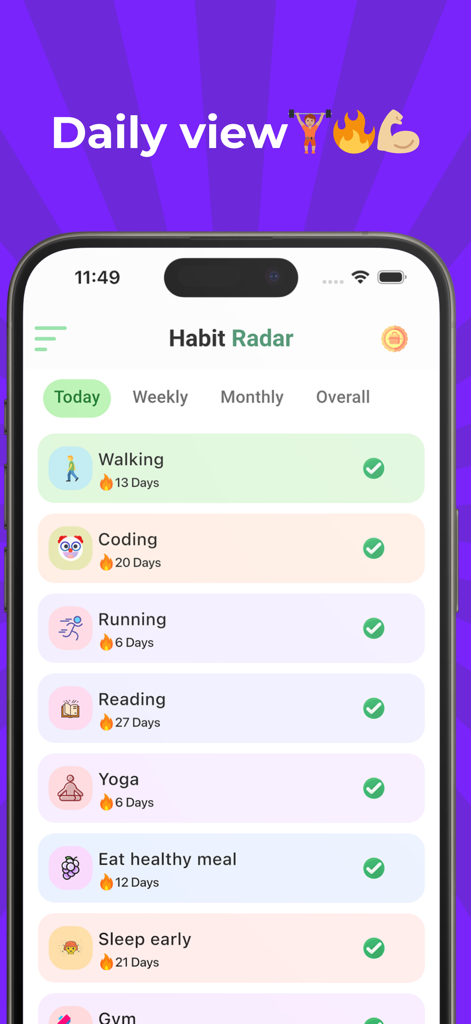Habit Radar : Habit Tracker - Daily view of Habit Radar app showing tracked habits and completion streaks