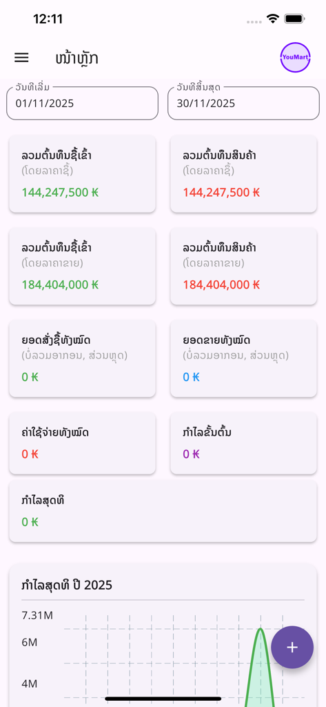 YouMart - YouMart mobile POS app analytics screen showing sales metrics and profit reports