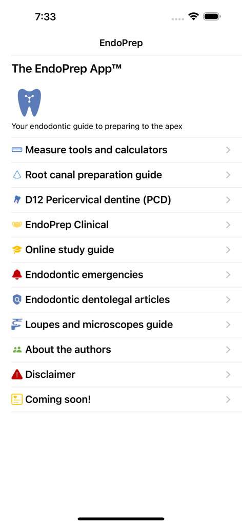 EndoPrep - Main menu of the EndoPrep mobile app showing various clinical guides and tools for endodontists