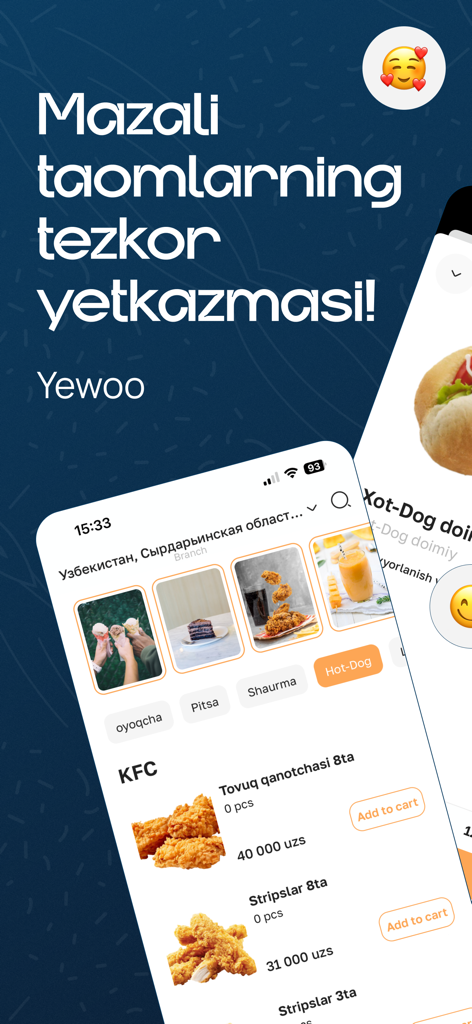 Yewoo food delivery app interface showing a menu with chicken wings and pizza categories in Uzbek.