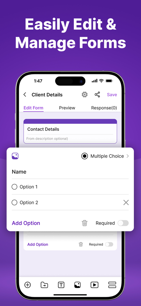 GForm Builder® ~ Google Form - Interfaz de la aplicación GForm Builder mostrando la edición de formularios y la creación de preguntas de opción múltiple en iPhone