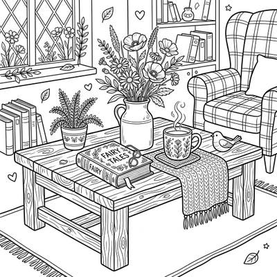 Step into a serene world with this charming cottagecore coffee table coloring page. Enjoy detailing a rustic scene featuring wildflowers, books, and a warm mug, perfect for a cozy escape.