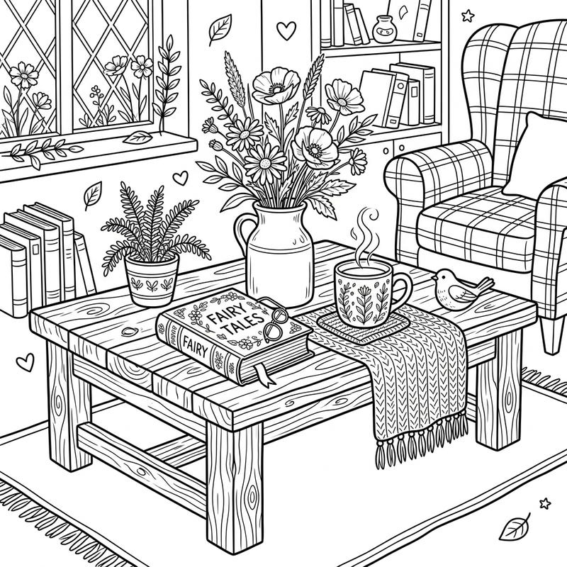 Step into a serene world with this charming cottagecore coffee table coloring page. Enjoy detailing a rustic scene featuring wildflowers, books, and a warm mug, perfect for a cozy escape.