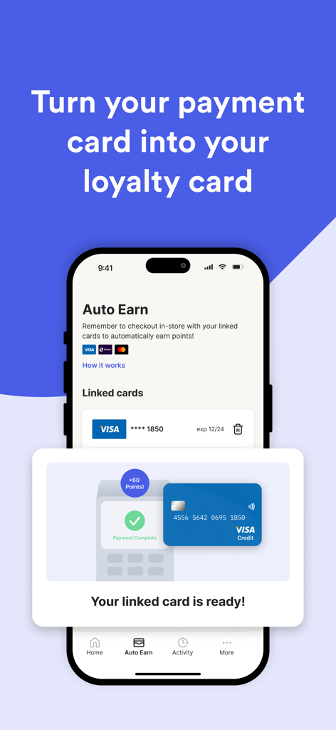 Go Rewards - Loyalty, Receipts - チェックアウト時に自動的にロイヤルティポイントを獲得するためにVisaまたはMastercardをリンクする自動獲得機能を示すGo Rewardsアプリのインターフェース。