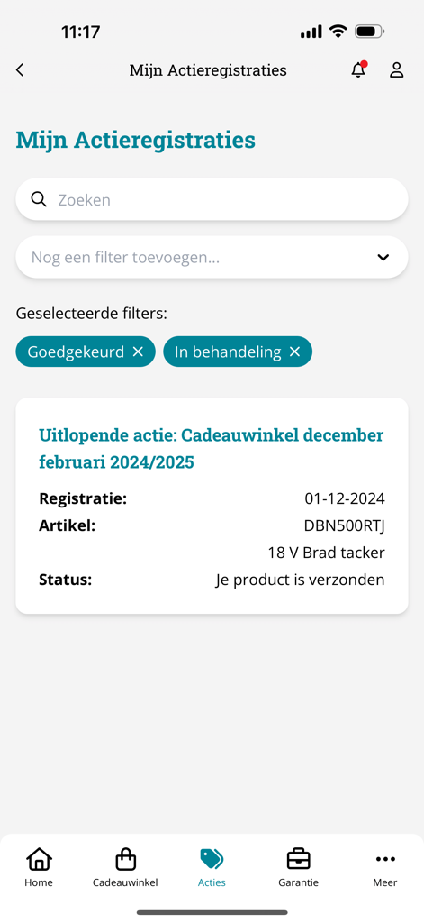 My Makita app screen displaying promotion registration details and status for a power tool