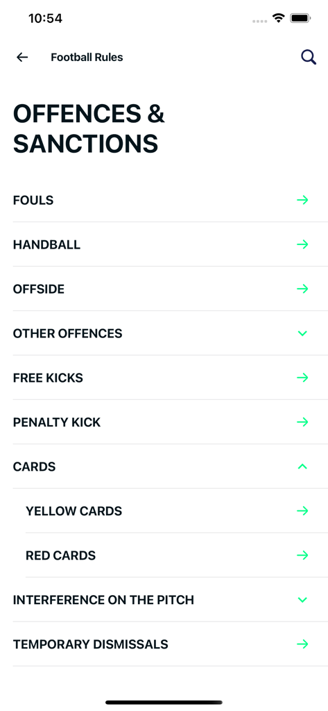 Football Rules by The IFAB - Football Rules app screen showing the offences and sanctions menu