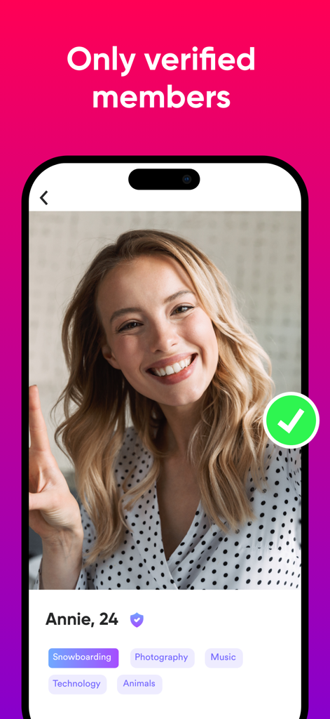 iris Dating- Let AI Find Match - Mobile screen of iris Dating app showcasing a verified profile of a young woman with safety badges and interest tags