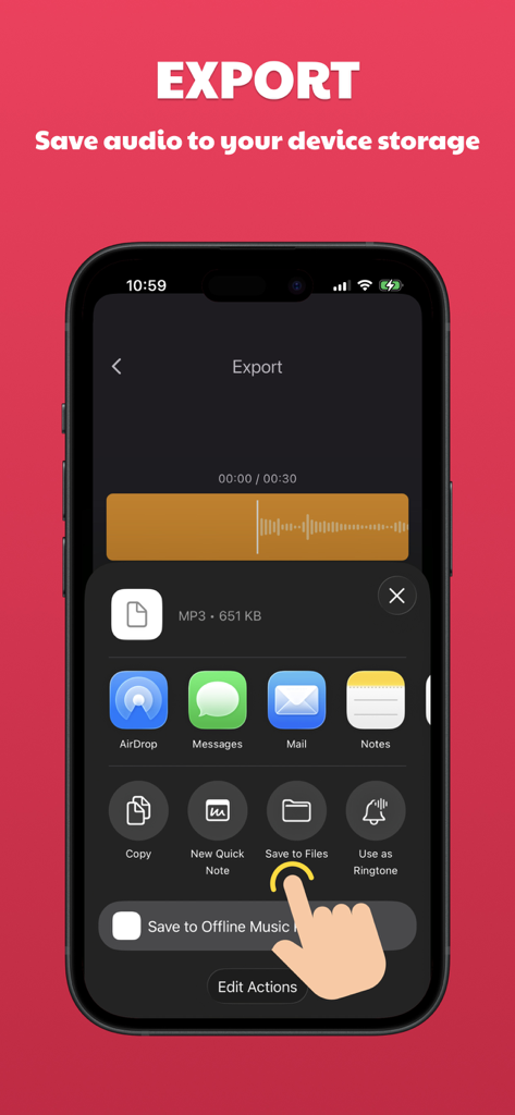 Convert Video to Audio Offline - Export screen showing options to save converted audio to device files or share via message and mail