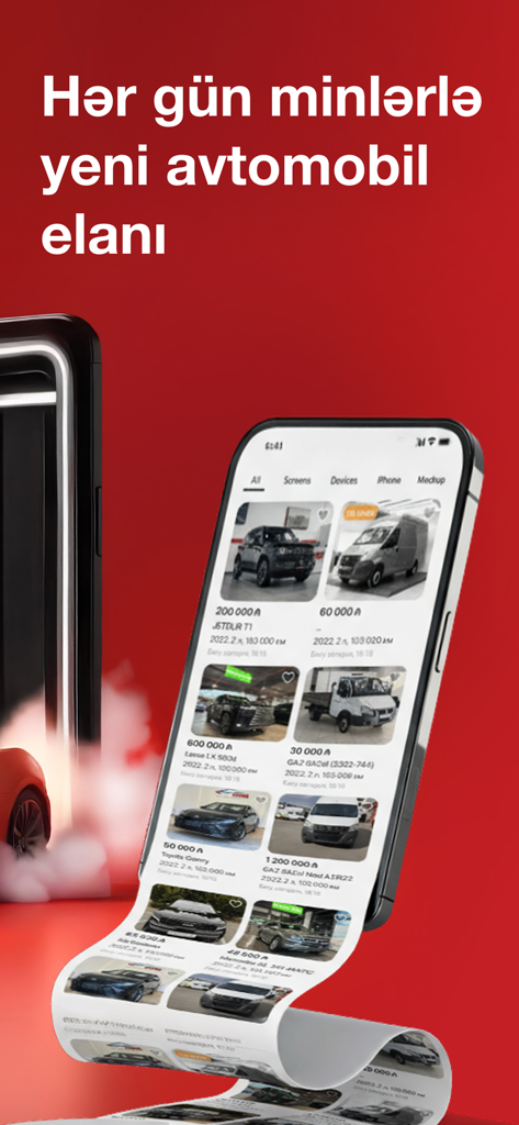 Turbo.az - Turbo.az mobile app interface displaying a feed of daily car advertisements with prices and photos
