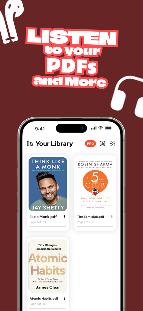 Readio Ai - PDF to Audio Book - Readio Ai app library screen displaying a collection of PDF books including Atomic Habits and Think Like a Monk ready for audio conversion