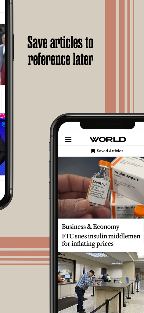 WORLD News Group - Smartphone showing the saved articles section in the WORLD News Group app