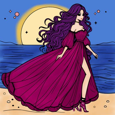 beautiful woman with a vaporous long dress walking on the beach at the noon, detailed art