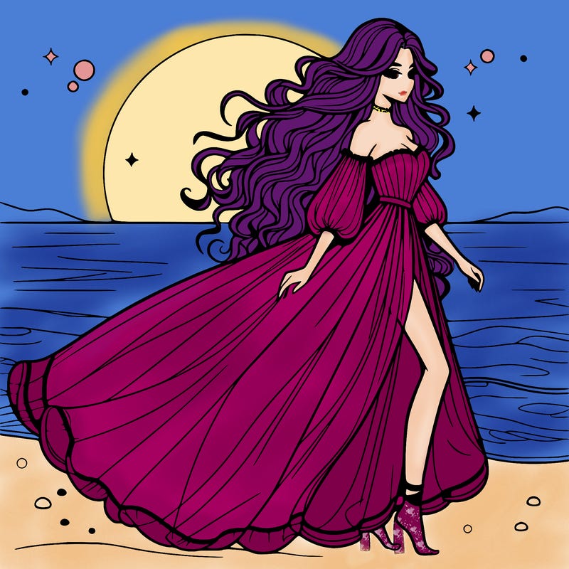 beautiful woman with a vaporous long dress walking on the beach at the noon, detailed art