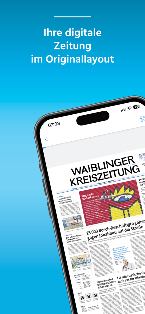 ZVW ePAPER - ZVW ePAPER App auf einem Smartphone, die die Waiblinger Kreiszeitung in ihrem originalen Zeitungs-Layout anzeigt