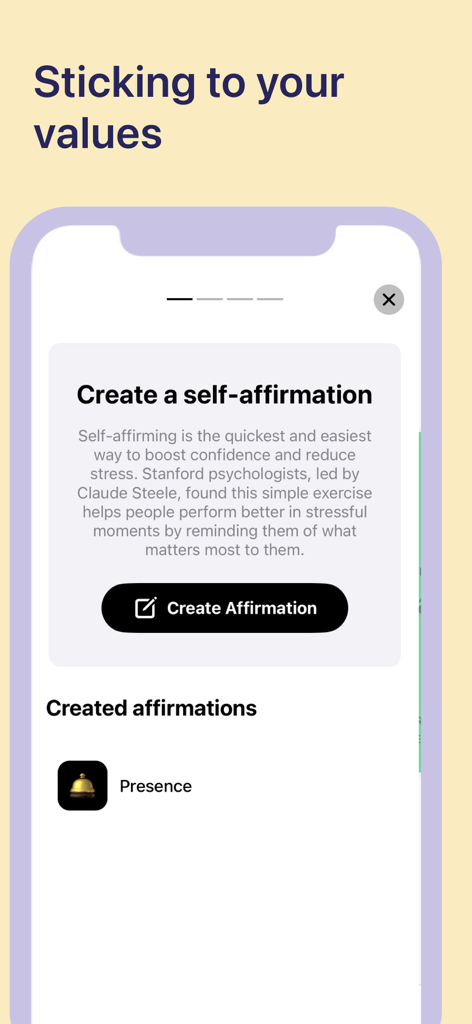 Astoundアプリの画面で、人前での話し方の自信を高めるための自己肯定文の作成が表示されています。