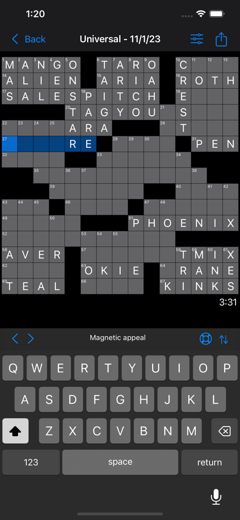 Omni Crosswords - Screenshot of the Omni Crosswords app interface in dark mode featuring a partially completed puzzle grid and keyboard