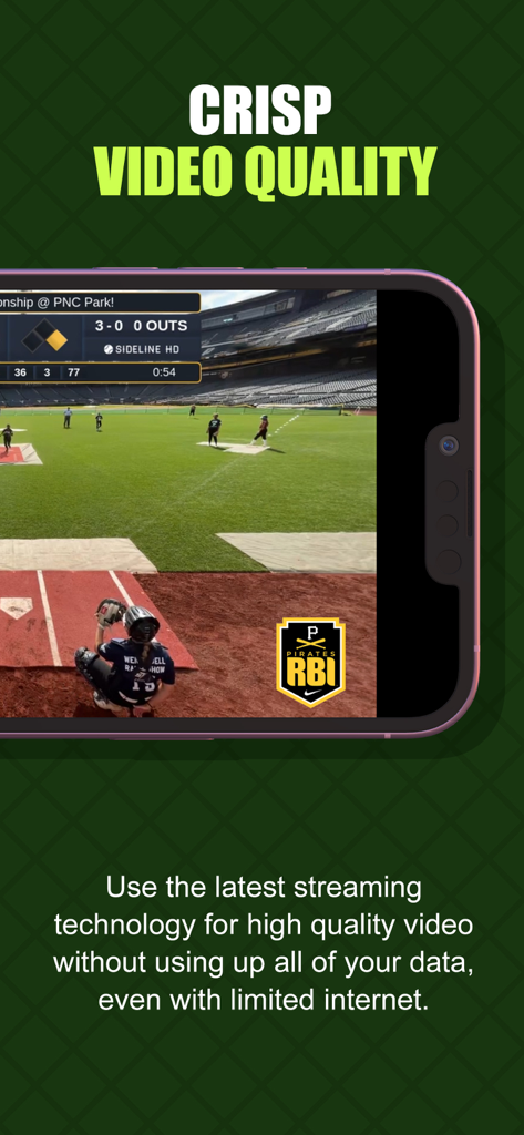 sidelineHD - Uno stream live di alta qualità di una partita di baseball su uno smartphone con sovrapposizione di tabellone segnapunti professionale